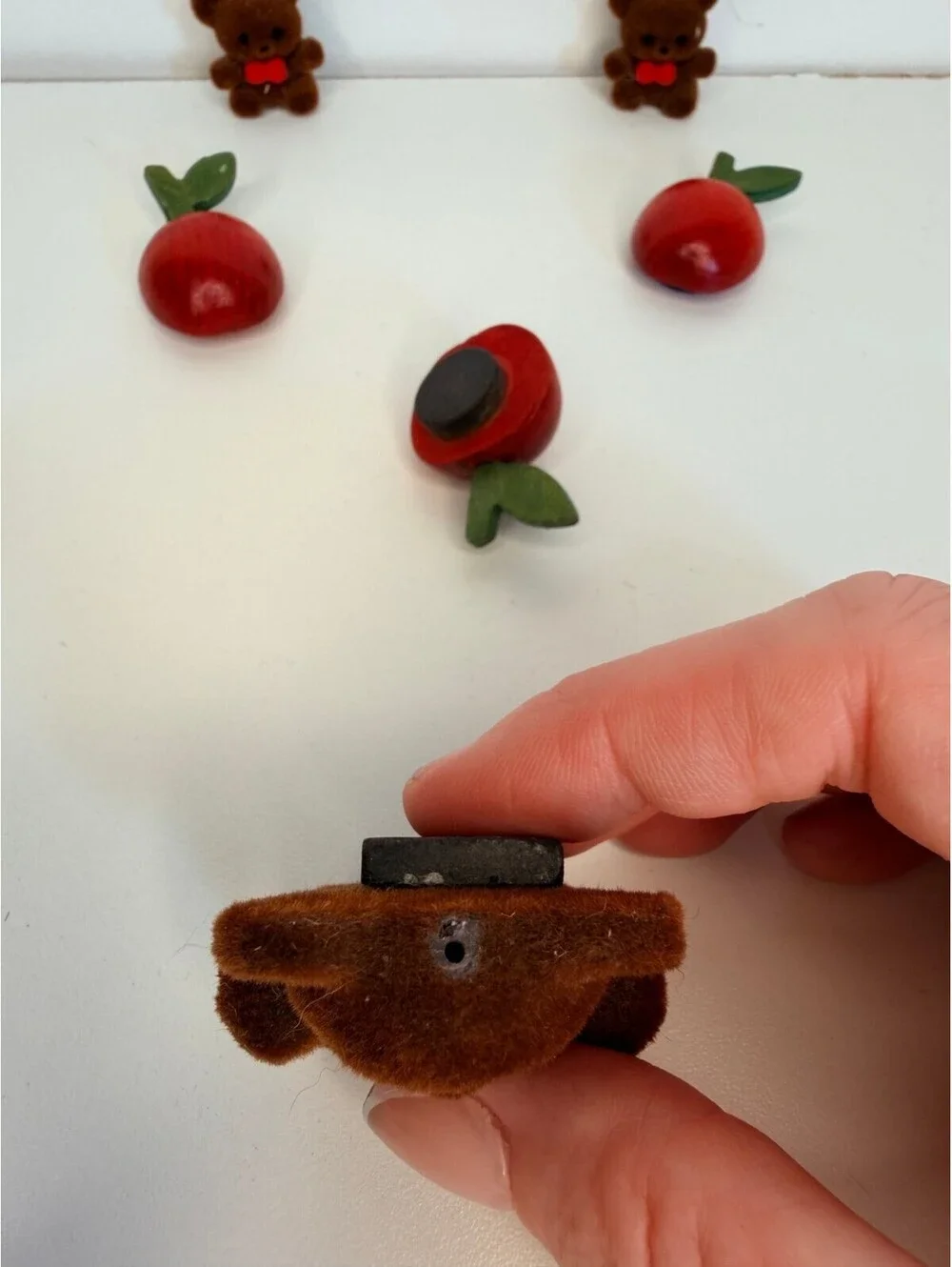 Vintage teddy bear and wood apple magnet set